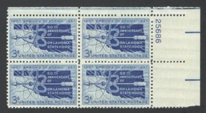 Unused US Postage Block 3 Cent Stamps 1907 Arrows to Atoms 1957 Oklahoma Stateho - Picture 1 of 2