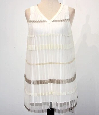 BRUNELLO CUCINELLI Pleated Sequin-Embellished-Stripes Tulle V-Neck Top  M  $1925 - Image 1 of 4