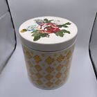 Pioneer Woman Medium Metal Canister Geo Design Yellow Side Red Floral Top