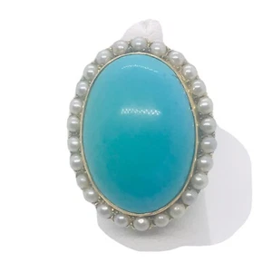 Natural Persian Turquoise Cabochon Seed Pearls 14K Yellow Gold Statement Ring - Picture 1 of 12
