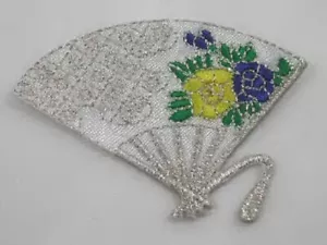 Asian Fan White Silver Floral Decorated Iron On Patch - Picture 1 of 1