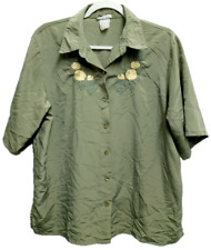 *Bon worth green crinkle floral embroidered button down short sleeve top 4X