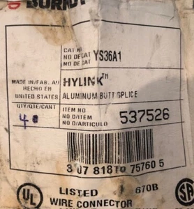 Burndy YS36A1 Hylink Butt Splice Wire Connector NEW BOX OF 4 - Picture 1 of 1