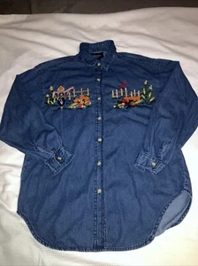 Solutions Embroidered Fall Harvest Denim Shirt Sz.L Button Up 100% Cotton - Picture 1 of 6