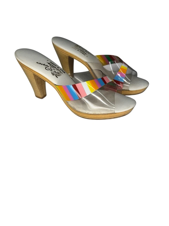 复古 20 世纪 60 年代 Island 拖鞋木跟凉鞋 透明提基夏威夷 MCM 6 — 第 1/4 张图片