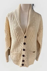 Carraig Donn Aran 100% Wool Cardigan Sweater Fisherman Knit Cream Size M Vintage - Picture 1 of 10