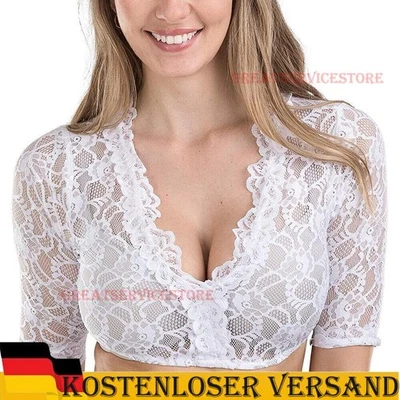 Frauen Spitze Dirndlbluse 3/4 Arm weiß Trachten Oktoberfest Bluse Wrap Crop Tops - Bild 1 von 4