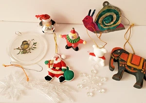 Vintage Christmas Ornaments 9 Wood Plastic Tin Star Snail Bird Clown Retro MCM - Picture 1 of 12