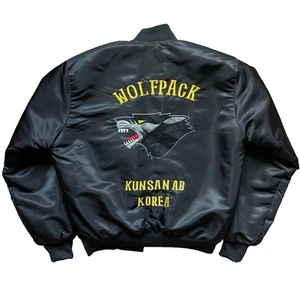 VTG Wolfpack Kunsan Air Base Korea Bomber Jacket Sz L Mens Black Rare Air Force - Picture 1 of 10