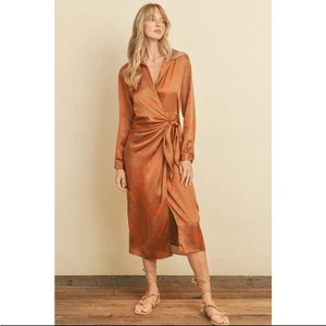 Women's Dress Forum Silk Tie Wrap Long Sleeve Copper Leaf Orange Midi - Picture 1 of 8