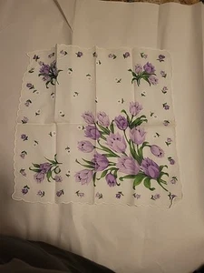 PAÑUELO VINTAGE PAÑUELO PÚRPURA LAVANDA TULIPANES MARGARITAS BLANCAS FLORES FLORALES - Imagen 1 de 11