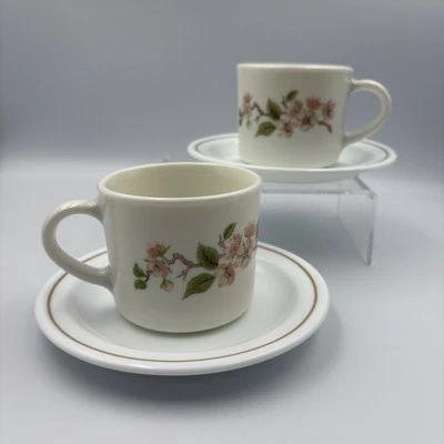 2 x Vintage JAJ Pyrex Retro Cherry Blossom Cups & Saucers Tea Set 60/70s VGC - Image 1 of 4