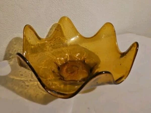 Vintage Amber Glass Controlled Bubble MCM Murano Style Decor Bowl - Picture 1 of 5