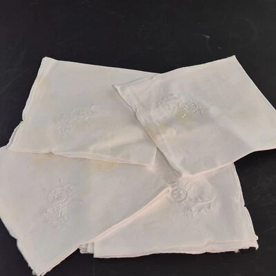 Vintage White Napkins x 5 Cotton Square With Flower Embroidery In Corner - Image 1 of 4