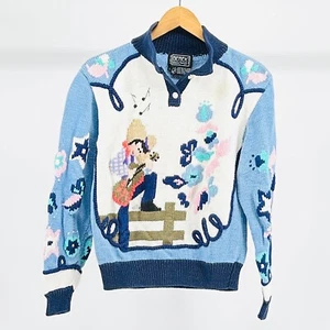 80s Berek Blue White Cowboy Music Theme Hand Knit 100% COTTON Sweater - Picture 1 of 7