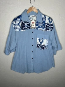 Vintage Tap & Co Button Up Shirt Top Blouse Blue Aztec Large New Made In USA - Picture 1 of 7