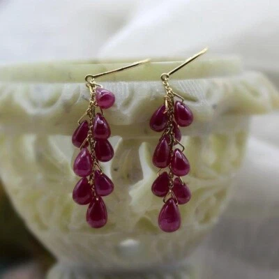 9kt SOLID YELLOW GOLD NATURAL RUBY DANGLE DROPS FINE EARRINGS JULY BIRTHSTONE - Image 1 of 4