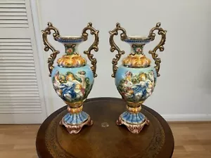 Stunning Vintage Pair of Large Italian Porcelain Vases With Cherubs Design 38cm - Picture 1 of 24