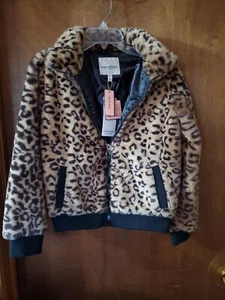 NWT Urban Republic Girls Faux Fur Cheeta Print Black Trim Zipper Coat Size 14/16 - Picture 1 of 13
