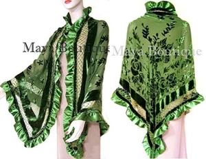 Silk Shawl Wrap Beaded Burnout Velvet Green Triangle Satin Ruffles Maya Matazaro - Picture 1 of 11