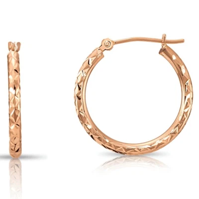14K Solid Rose Gold Hand Engraved X Diamond-Cut Round Hoop Earrings All Sizes - Image 1 of 4