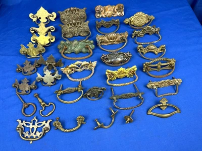 32 Pc Drawer Pulls w/ 24 Bail Handles, Ornate Pressed Brass, Antique & Vintage - Image 1 of 4