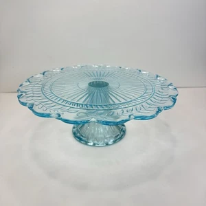 Vintage Pedestal Cake Stand Aqua Blue Green With Scalloped Edges EUC - Picture 1 of 7