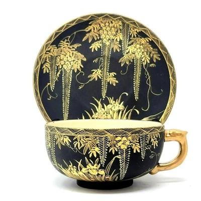Satsuma Tea Cup & Saucer Japanese Black Matte Gold Wisteria Meiji Period Antique - Image 1 of 4