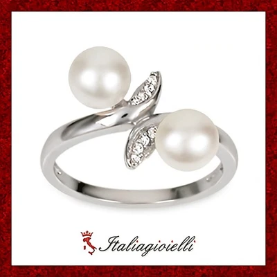 Romantico Anello con Doppia Perla in Argento 925 Rodiato Oro Bianco - Immagine 1 di 4