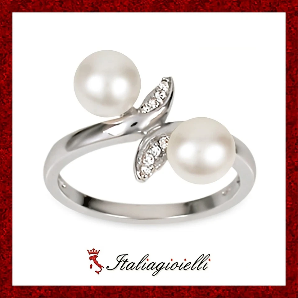 Romantico Anello Brillante con Doppia Perla in Argento 925 Rodiato Oro Bianco - Immagine 1 di 4