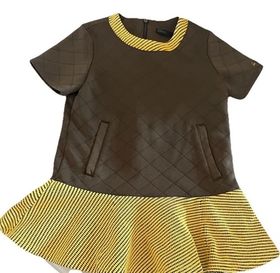 BENETTON Girls Dress Green/Gold Lined Stretch Waffle Pattern Logo Size 110 4-5 - Image 1 of 4