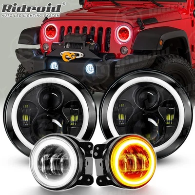 For 2007-2018 Jeep Wrangler JK JKU 7" Inch LED Headlights Fog Lights Combo Halo - Image 1 of 4