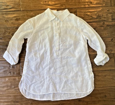 Top túnica TALBOTS 100 % lino popover mediano blanco detalle de botones laterales costero Foto 1 de 4