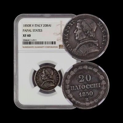 ITALY. 1850, 20 Baiocchi, Silver, R - NGC XF40 - Papal States, Pius IX, Rome - Image 1 of 4