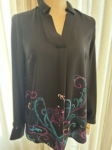 Dana Buchman Womens Black Multicolor Top Size Large Long Sleeve Graphic Painted - Picture 1 of 7