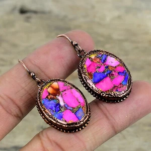 Natural Kingman Pink Dahlia Turquoise Copper Gift Electroformed Earrings 1.89" - Picture 1 of 6