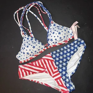 Victoria's Secret S BIKINI Americana USA Flag Stripes Stars White Blue RED strap - Picture 1 of 3