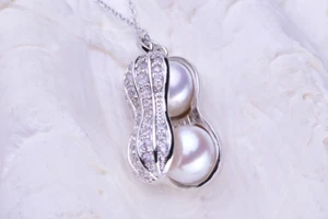 Peanut Pendant Necklace with Clear Crystal Rhinestones and Pearl Accents -Silver - Picture 1 of 3