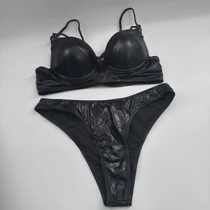 Women's Metallic Leather Bikini Set Underwired Bra Top with High Cut Thong *READ - Picture 1 of 22