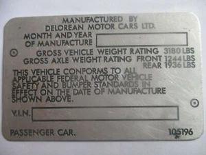 Nameplate sign Delorean De Lorean DMC S101 gullwing back to the future - Picture 1 of 1