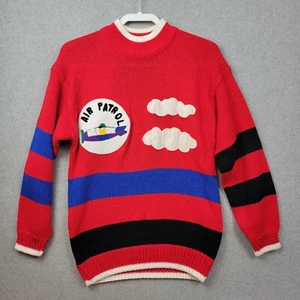 Vintage JJ Fargo Sweater Womens Large Red Air Patrol Clouds Plane Striped Red - Picture 1 of 11