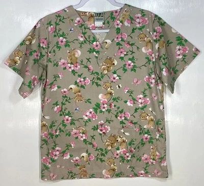 Scrub Top womens size XS extra small Critters Squirrels Dogwood Cherry Blossoms - Image 1 of 3