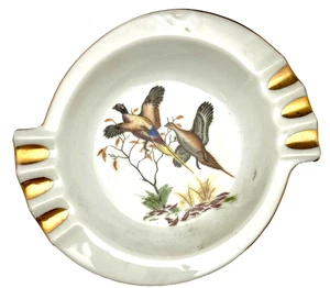 BEAUTIFUL VTG TWO PHEASANTS BIRDS PORCELAIN ASHTRAY 5", HAND PAINTED c1970 vg - Picture 1 of 3