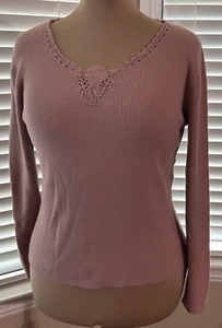 FADED GLORY Pink Crochet Trim Top Ribbed Sweater L 12/14 Long Sleeve - Picture 1 of 6