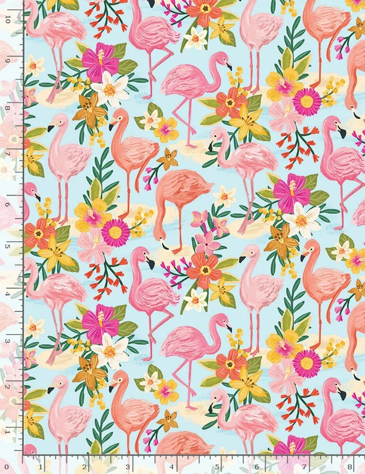 Nautical Fabric | Forever Summer Flamingo Floral Aqua | Timeless Treasures YARD - Image 1 of 1