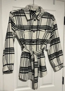 NWT Laundry By Shelli Segal Fleece Coat Medium Belted Black White Plaid - Picture 1 of 7