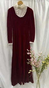 Vintage 1970s Red Velvet Maxi Dress Victorian Style Lace Dress  - Picture 1 of 24