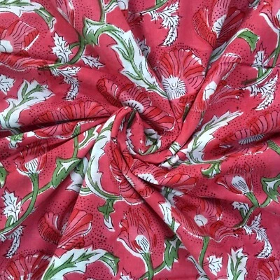 Cotton Fabric Hand Block Print Pure Sanganeri Running Indian New Vintage By Yard - Image 1 of 4