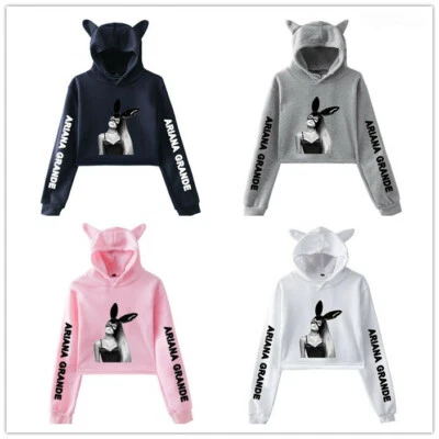 Women Cat Ears Hoodies Ariana Grande Crop Top Girl Sweatshirt Pullover 2022 HOT  - Image 1 of 4