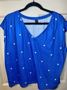 Women’s Blue Short Sleeve Blouse With White Hearts Size L - Picture 1 of 3
